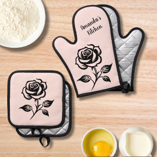 Personalised Vintage Stylish Rose Floral Kitchen Oven Mitt & Pot Holder Set