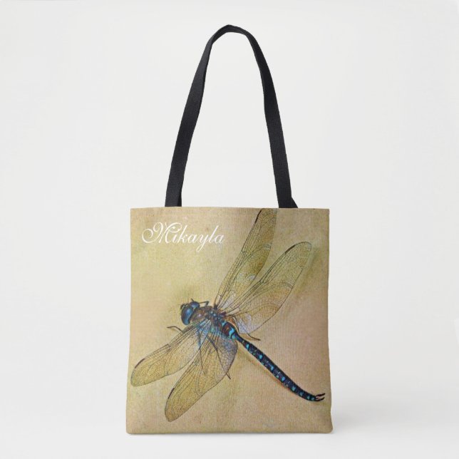 Personalised Vintage Tolstoy Blue Dragonfly Tote Bag (Front)