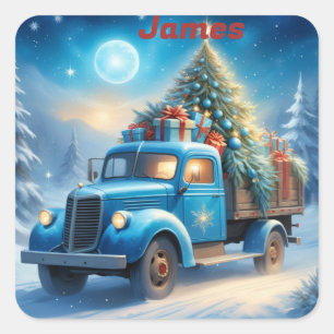Personalised Vintage Truck Stickers, Blue Truck Square Sticker