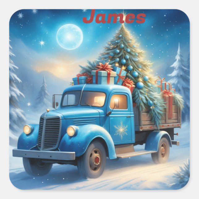 Personalised Vintage Truck Stickers, Blue Truck Square Sticker (Front)