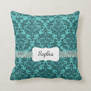 Personalised Vintage Turquoise Damask Cushion