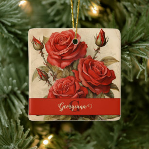 Personalised Vintage Watercolor Floral Red Roses Ceramic Ornament