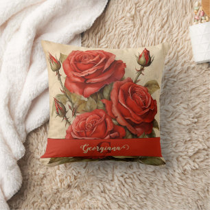 Personalised Vintage Watercolor Floral Red Roses Cushion