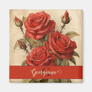 Personalised Vintage Watercolor Floral Red Roses Magnet