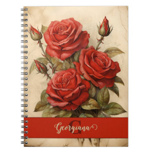 Personalised Vintage Watercolor Floral Red Roses Notebook