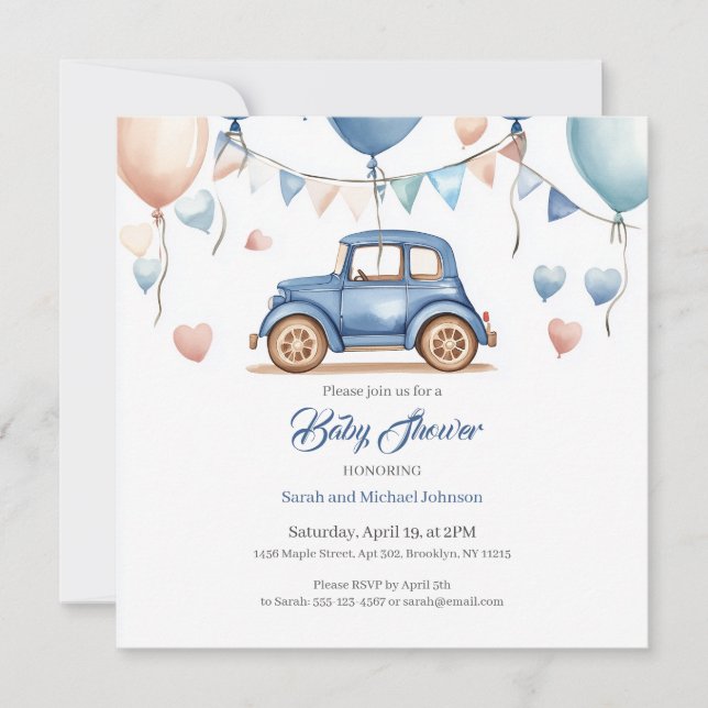 Personalised Vintage Wheels Baby Shower Invitation (Front)