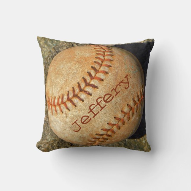 Personalised vintage White Baseball red stitching Cushion (Front)