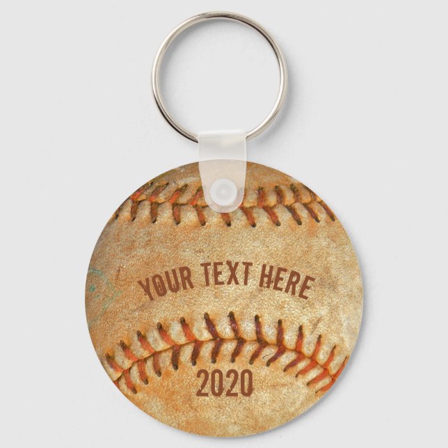 Personalised Vintage White Baseball red stitching Key Ring (Front)