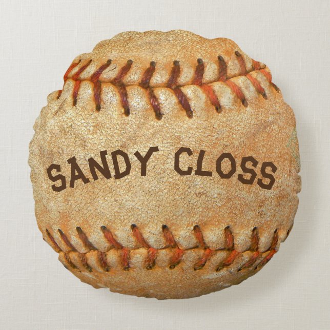 Personalised Vintage White Baseball red stitching Round Cushion (Front)