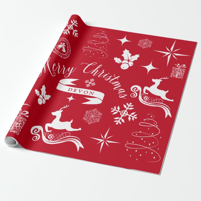 Personalised Vintage White & Red Christmas Wrap Wrapping Paper (Unrolled)