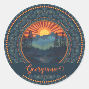 Personalised Vintage Wilderness Sunset Dot Mandala Classic Round Sticker