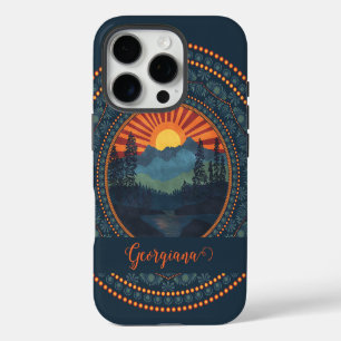 Personalised Vintage Wilderness Sunset Dot Mandala iPhone 16 Pro Case