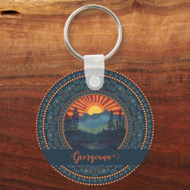 Personalised Vintage Wilderness Sunset Dot Mandala Key Ring (Front)