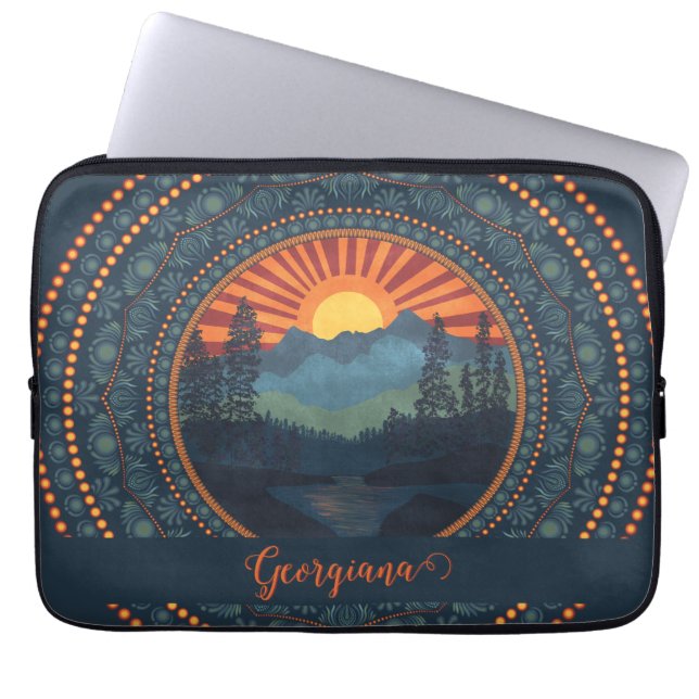 Personalised Vintage Wilderness Sunset Dot Mandala Laptop Sleeve (Front)