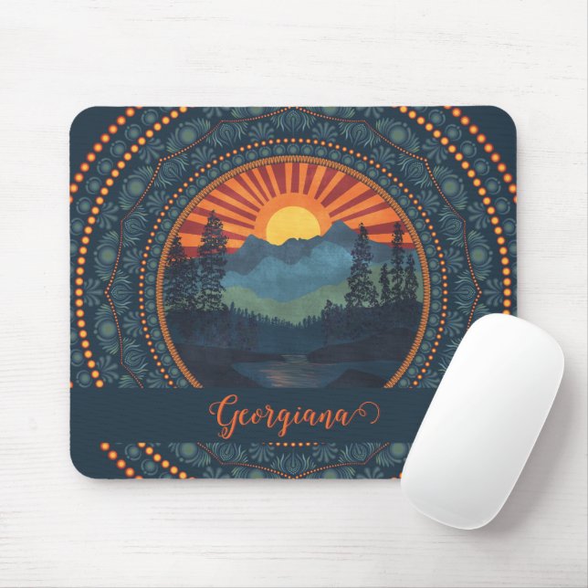 Personalised Vintage Wilderness Sunset Dot Mandala Mouse Mat (With Mouse)