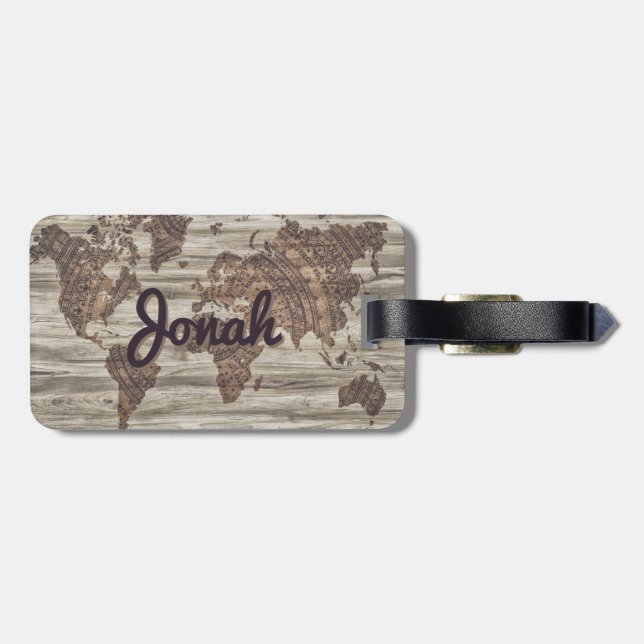 Personalised vintage world map luggage tag (Back Horizontal)