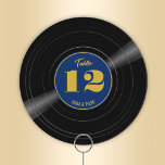 Personalised Vinyl Record Blue Gold Table Number<br><div class="desc">A deep rich blue retro vinyl record style round paper table number sign for your wedding with golden-coloured accents. This fun round sign features bold fun easy-to-read numbers and the label is personalised with your names. Whatever kind of music you love, this nostalgic LP style table number is an elegant...</div>
