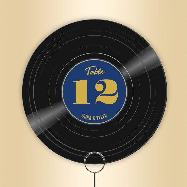 Personalised Vinyl Record Blue Gold Table Number (Round personalized vinyl record table number with deep blue label and gold tone accents)