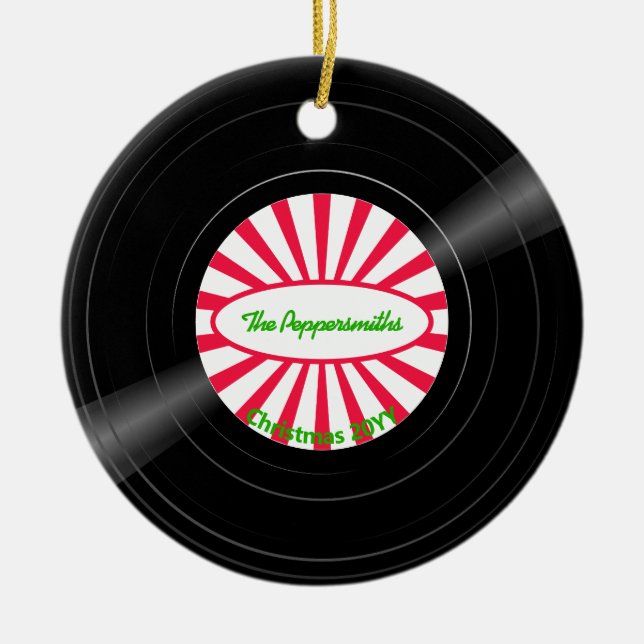 Personalised Vinyl Record Red Ray Burst Photo Ceramic Tree Decoration (Front)