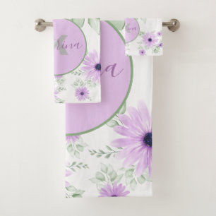 Personalised Violet & Green Watercolor Floral  Bath Towel Set