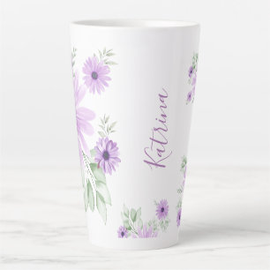 Personalised Violet & Green Watercolor Floral  Latte Mug