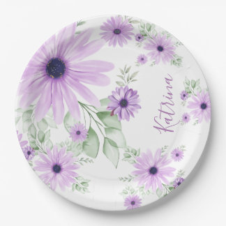 Personalised Violet & Green Watercolor Floral Paper Plate