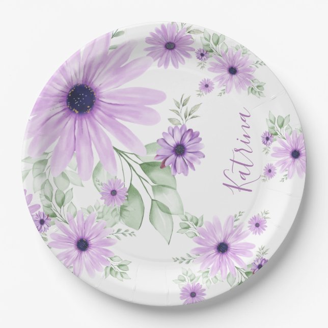 Personalised Violet & Green Watercolor Floral  Paper Plate (Front)