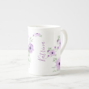 Personalised  Violet Green, Watercolor Flowers Bone China Mug