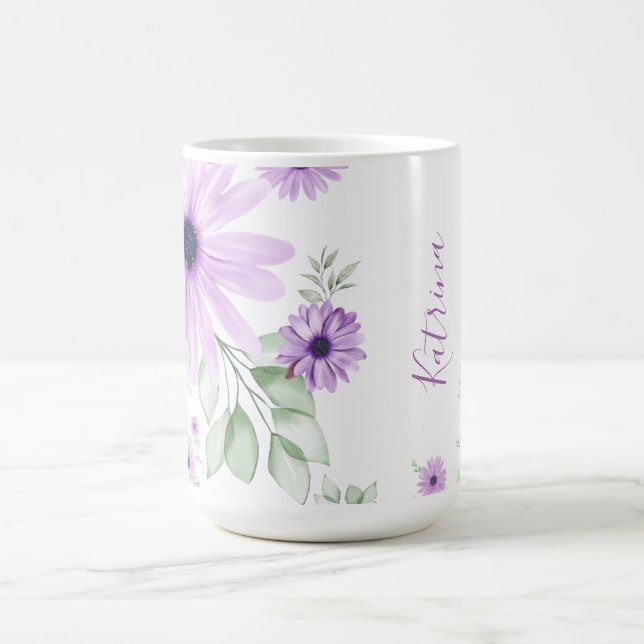 Personalised Violet Green Watercolor Flowers Coffee Mug (Center)