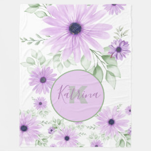 Personalised  Violet Green, Watercolor Flowers Fleece Blanket