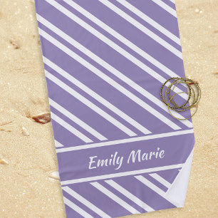 Personalised Violet Purple and White Stripes Beach Towel