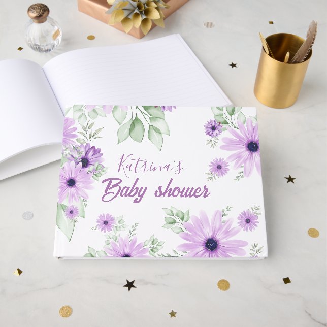 Personalised Violet Watercolor Baby Shower Guest  Book (Front Open)