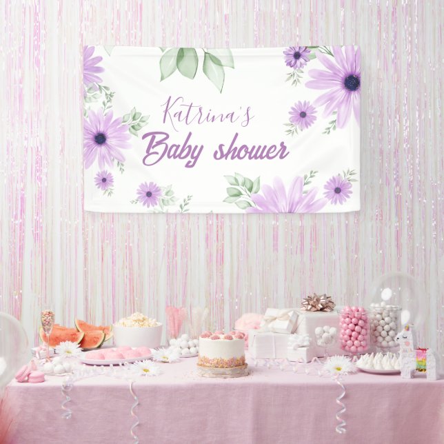 Personalised Violet Watercolor Flowers Baby Shower Banner (Party)