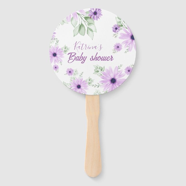 Personalised Violet Watercolor Flowers Baby Shower Hand Fan (Front)