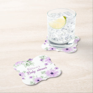 Personalised Violet Watercolor Flowers Baby Shower Paper Coaster