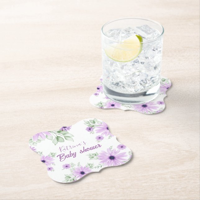 Personalised Violet Watercolor Flowers Baby Shower Paper Coaster (Insitu)