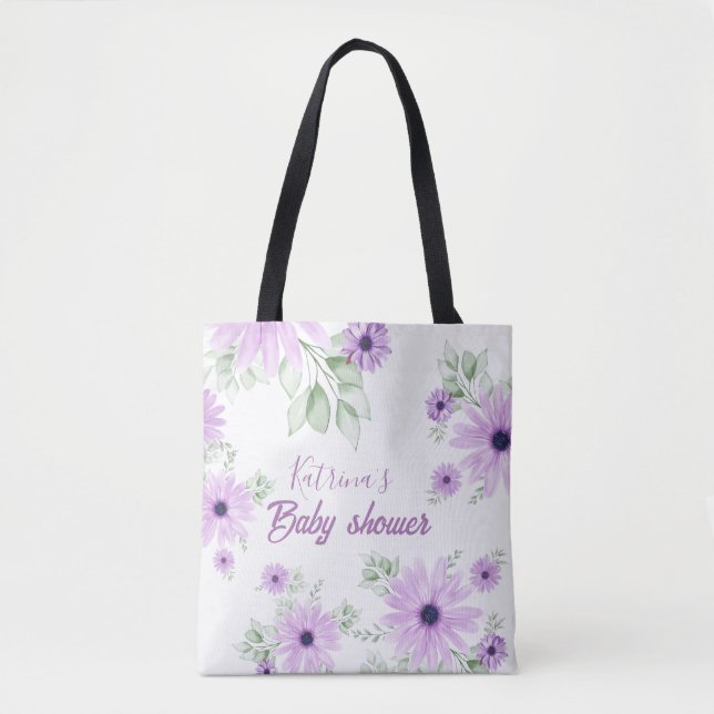 Personalised Violet Watercolor Flowers Baby Shower Tote Bag (Front)