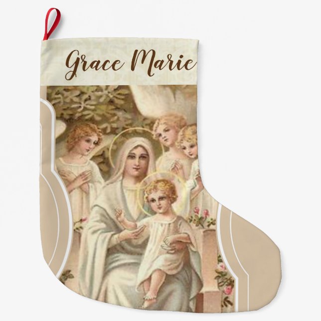 Personalised Virgin Mary with Jesus & Angels Large Christmas Stocking (Front)