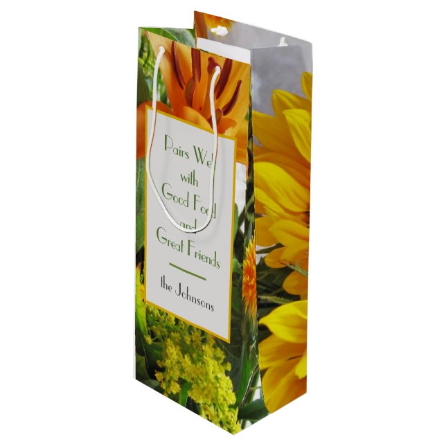 Personalised Vivid Sunflower Print Wine Gift Bag (Front Angled)