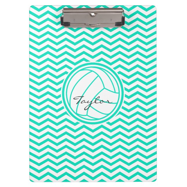 Personalised Volleyball; Aqua Green Chevron Clipboard (Front)
