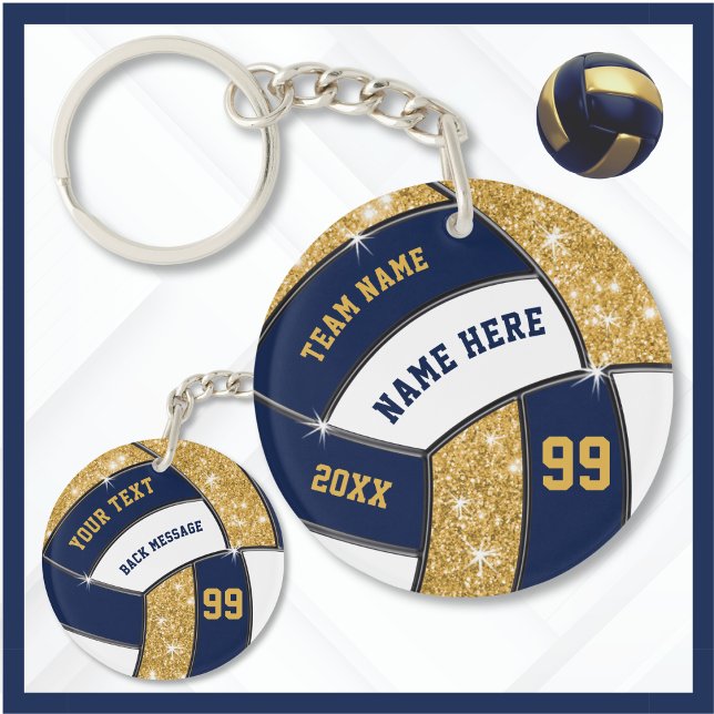 Personalised Volleyball Keychains, 6 Text Boxes Key Ring (Volleyball Team Gift Ideas for Girls Volleyball Team. Navy Blue, Gold and White, Volleyball Keychain)