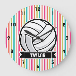 Personalised Volleyball on Colourful Stripes Large Clock