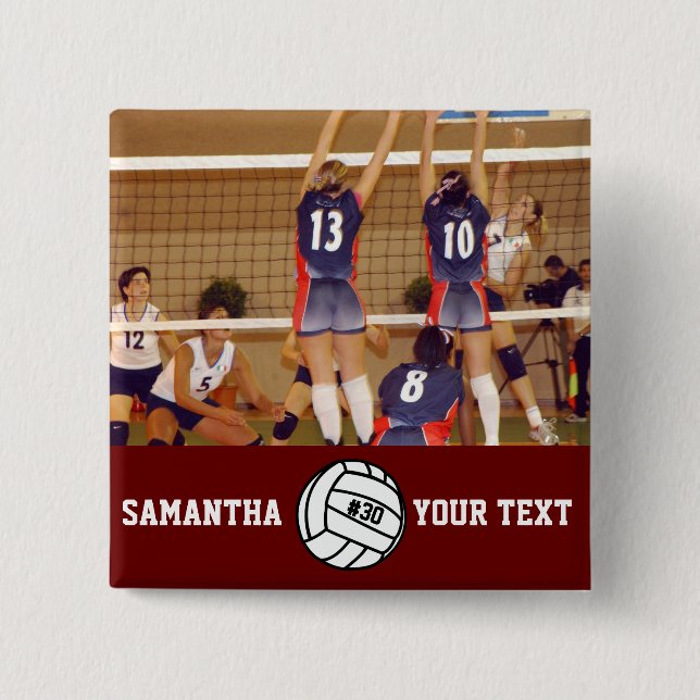 Personalised Volleyball Photo Name Team # 15 Cm Square Badge (Front)