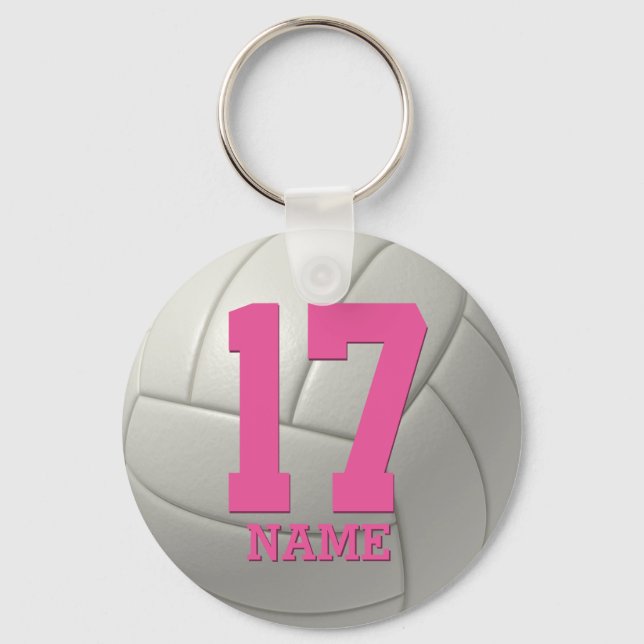 Personalised Volleyball (pink name & number) Key Ring (Front)