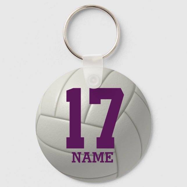Personalised Volleyball (purple name & number) Key Ring (Front)