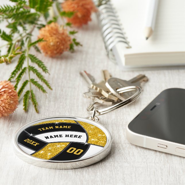 Personalised Volleyball Team Gifts. Black and Gold Key Ring (Side)