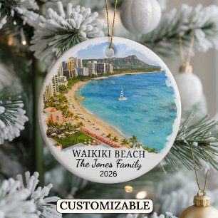 Personalised Waikiki Beach Ornament, Custom Hawaii Ceramic Tree Decoration