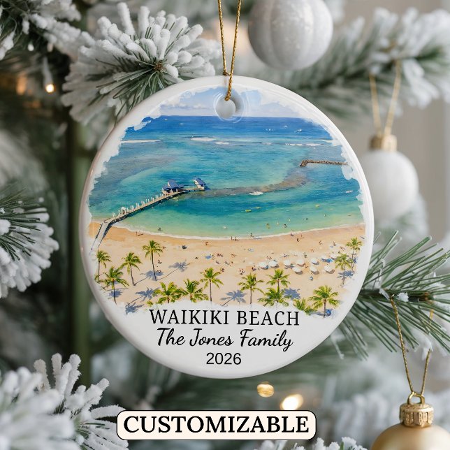 Personalised Waikiki Beach Ornament, Custom Hawaii Ceramic Tree Decoration (Creator Uploaded)