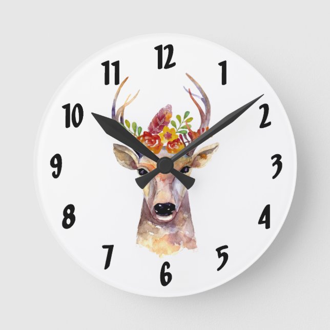Personalised Wall Clock boho deer Buck Head Browni (Front)