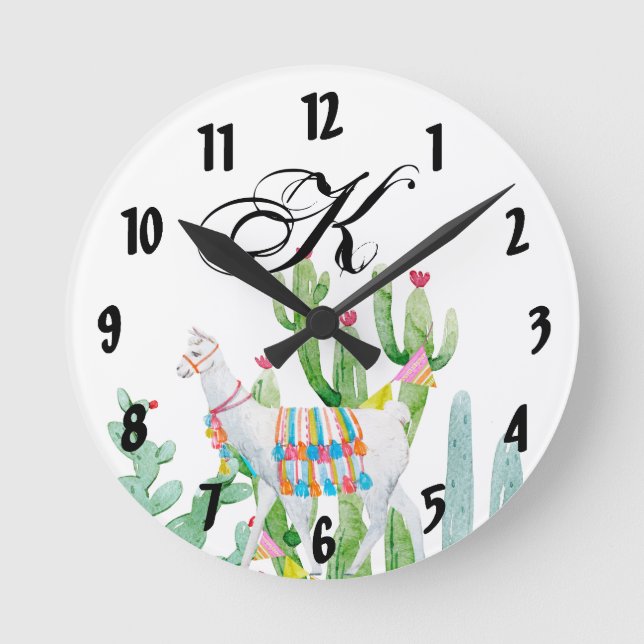 Personalised Wall Clock Boho Llama Bohemian Cacti (Front)